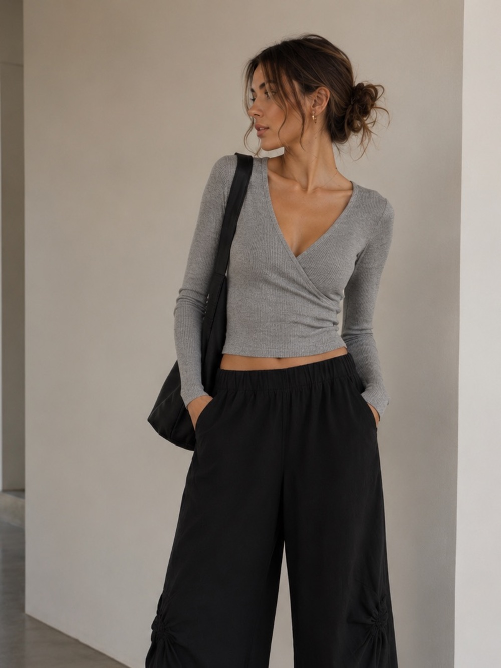 Leith Ribbed Wrap Top Gray XXS